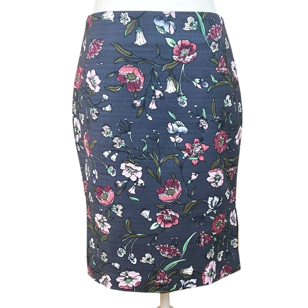LOFT Outlet Pencil Skirt Size 6P Blue Floral Tapestry Cotton Side Slits NEW